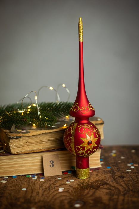 Topper for Christmas tree, Hand-painted, red Xmas tree accent