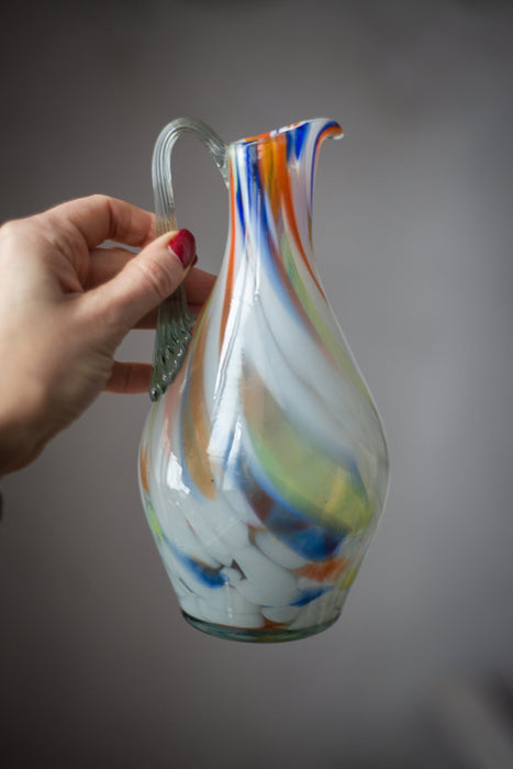 Vintage pitcher with handle, Water milk jug, Murano glass flower vase, Vintage glassware, Collectible glass