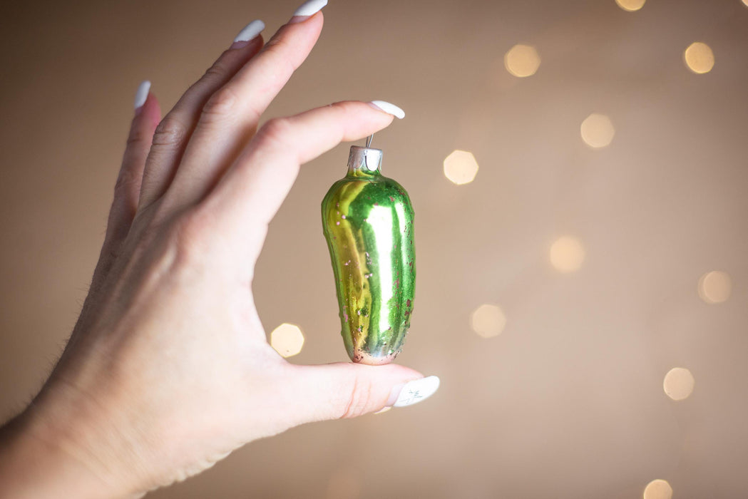 Vintage Glass Christmas Pickle Ornament, Green Cucumber