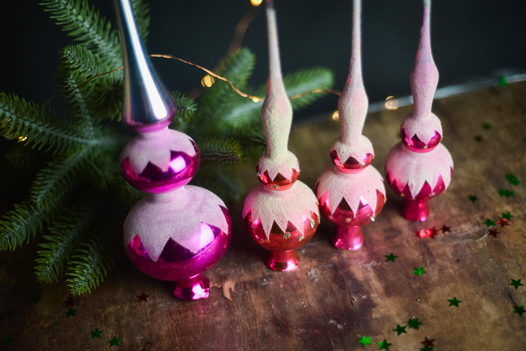 Christmas tree toppers, hot pink and white frosted decor