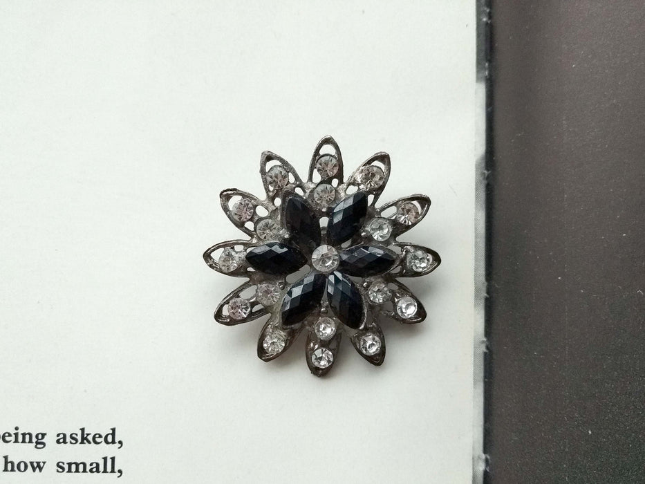 Vintage Black Flower Brooch, Rhinestone Floral Lapel Pin, Retro Jewelry Gift