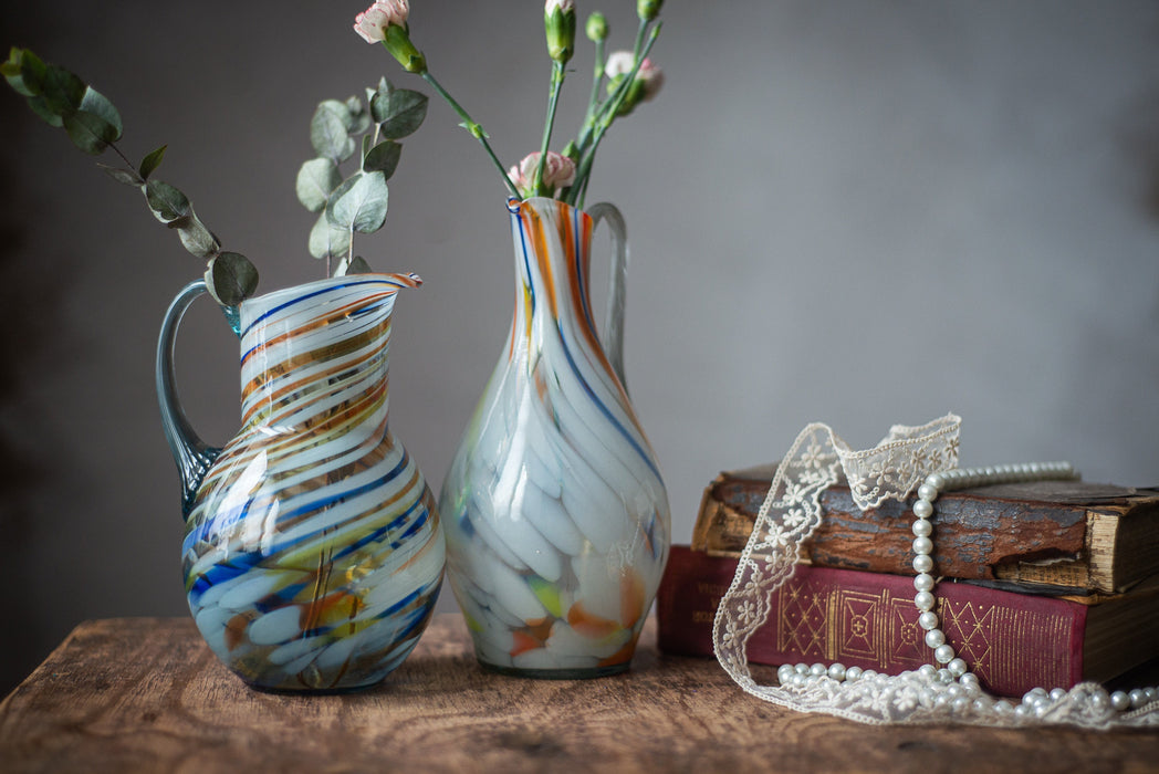 Vintage pitcher with handle, Water milk jug, Murano glass flower vase, Vintage glassware, Collectible glass