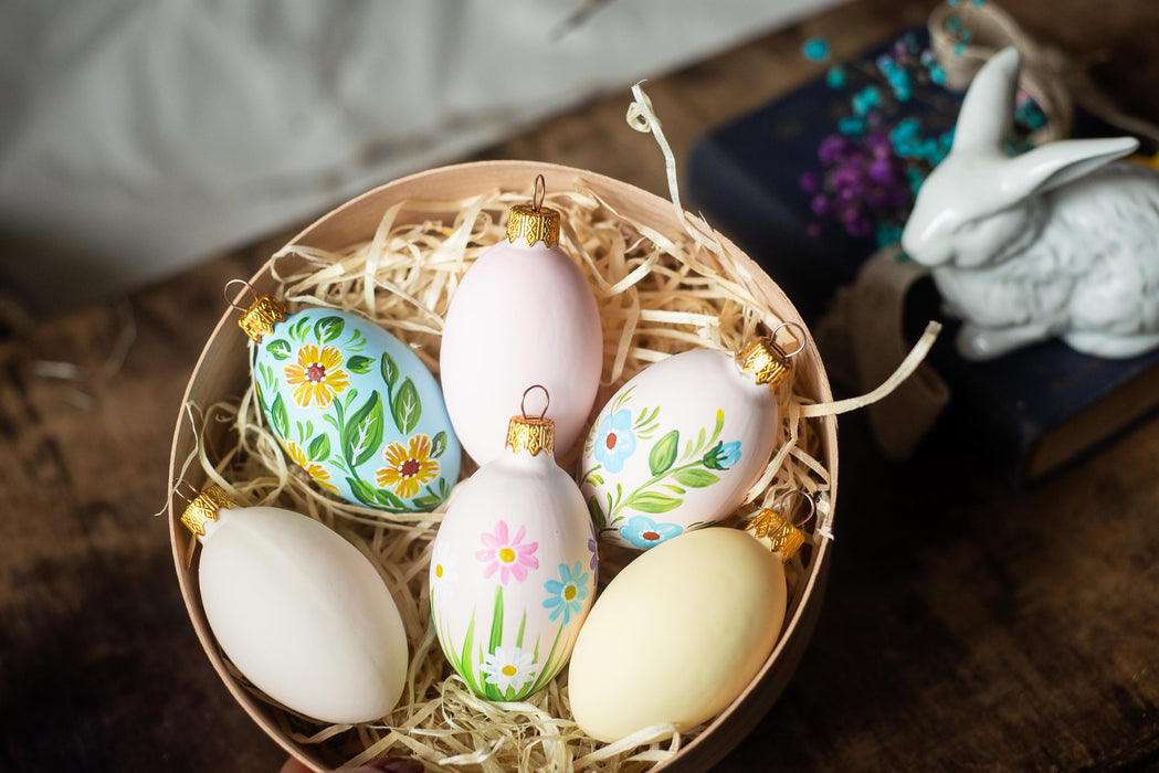 Glass Easter Eggs - Set of 6 Hand Painted Floral Hanging Ornaments for Easter Tree