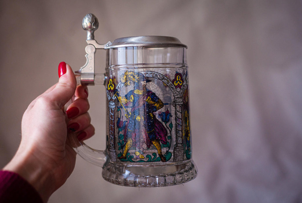 Vintage German Glass Beer Mugs Set Medieval Floral Tankards Barware