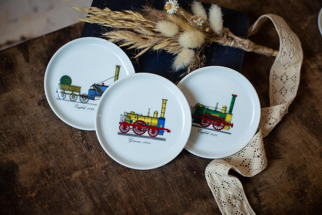 Vintage Train Snack Plates' Porcelain Steam Locomotive Dessert Set