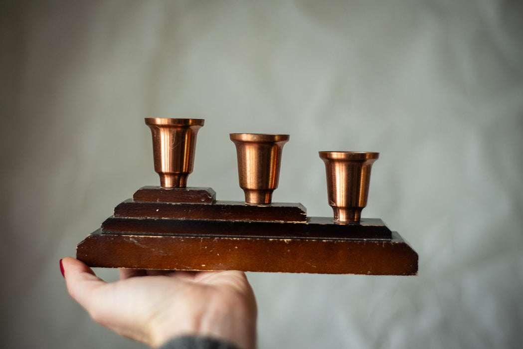 Wooden Brass Candle Holders, German Vintage Set of 2, Mid Century Candlestick Holders