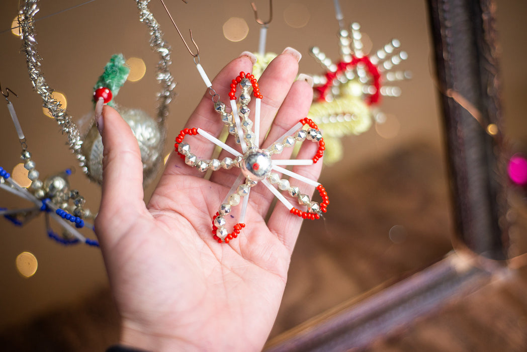 Antique German Chenille Christmas Ornaments, 1930s Mercury Glass Set of 7