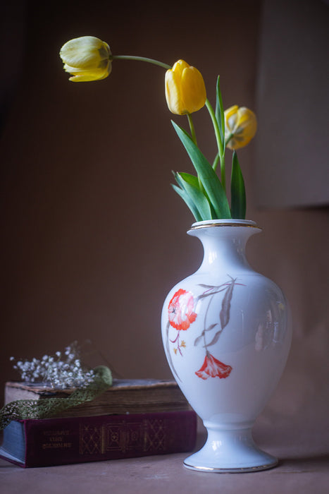 Vintage white porcelain vase, with red poppies, thomas Bavaria vase, 70th