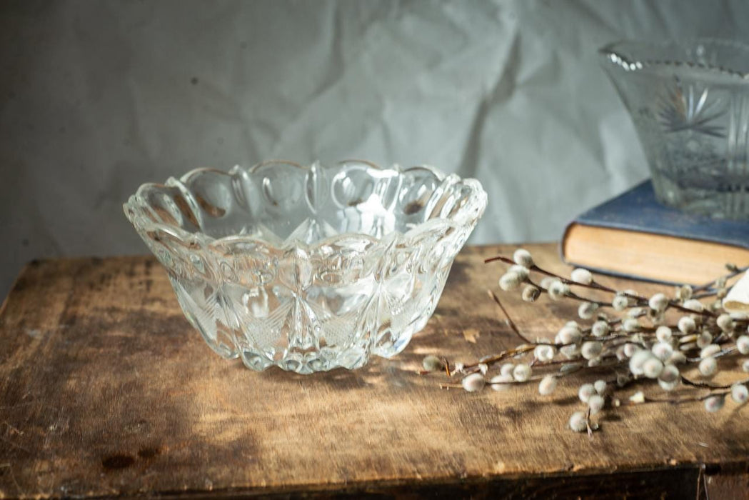 Vintage Cut Crystal Bowl, 1970s Clear Glass Fruit Dish