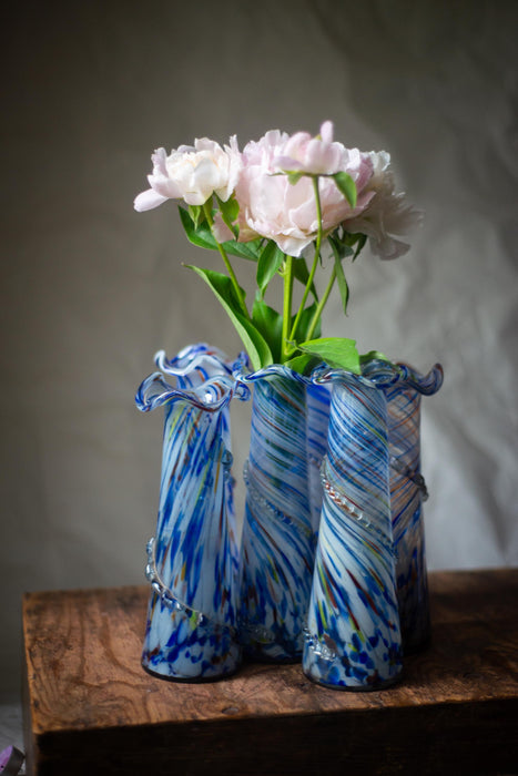 Murano Glass Vase, vintage Blue White Cobalt Swirl Mid Century, Boho flower vase