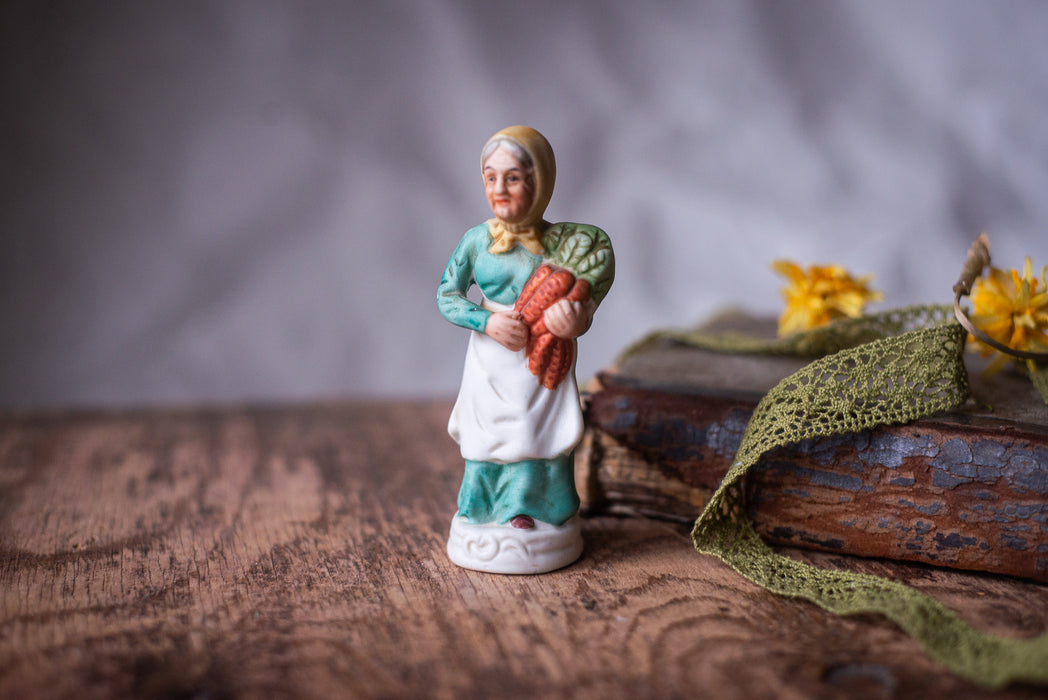 Vintage Granny Figurine Belgian Bisque Porcelain Harvest Ornament