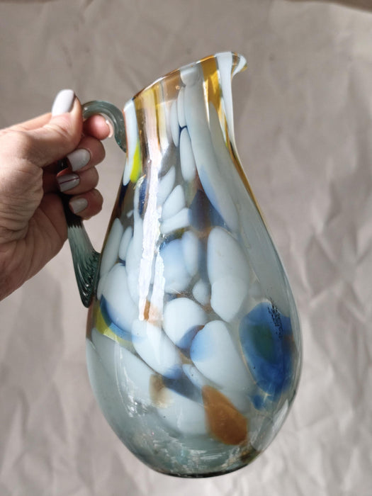 Murano Style Glass Pitcher, Hand-Blown 1970s Colorful Jug Vase In
