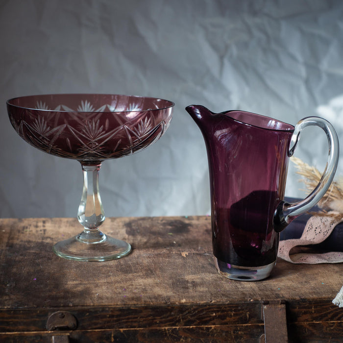 Vintage Amethyst Glass Pitcher & Czech Crystal Fruit Bowl, Mid Century Retro Tableware, 70s Purple Glass