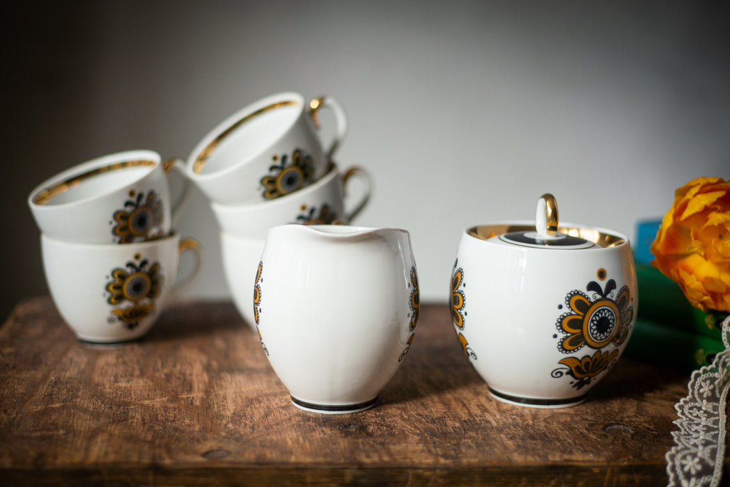 Vintage Ceramic Tea Set with Gold Trim, Boho Floral Cups Sugar Bowl and Jug