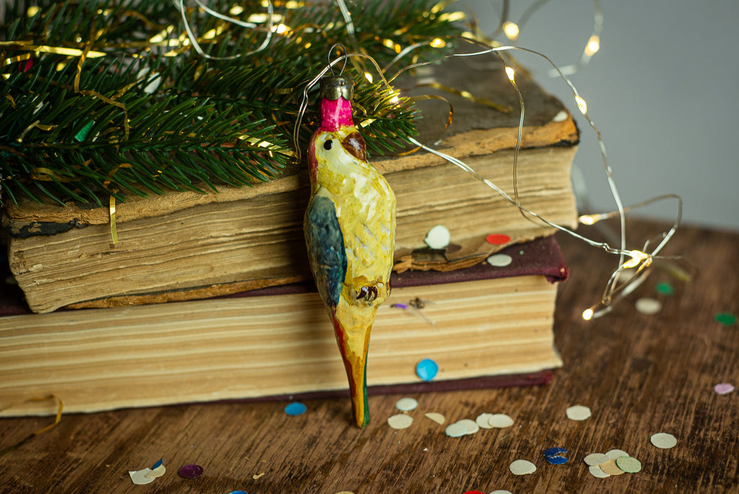 Vintage Parrot Glass Ornament, Hand Painted Bird
