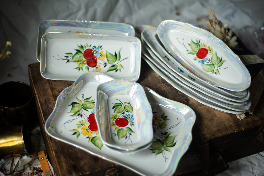 Vintage Lusterware Plates – Iridescent Porcelain Dishes With Hand Painted Cherry Motif