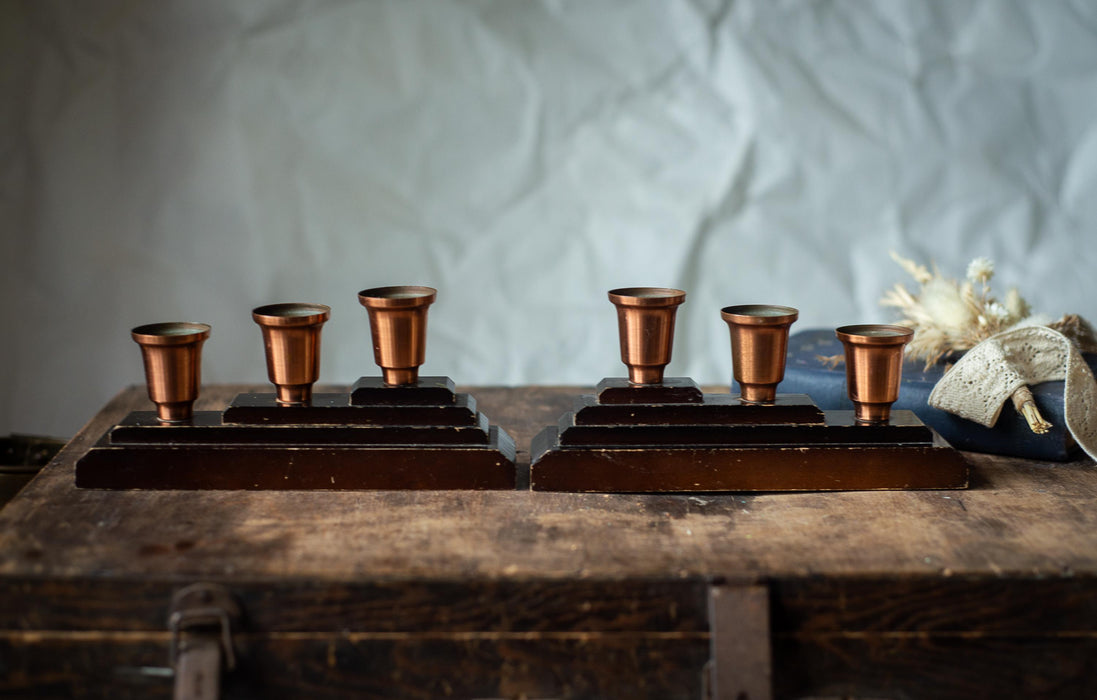 Wooden Brass Candle Holders, German Vintage Set of 2, Mid Century Candlestick Holders