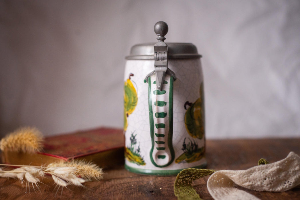 Vintage German Beer Stein Hunter Scene Ceramic Mug with Pewter Lid Bavarian Tankard