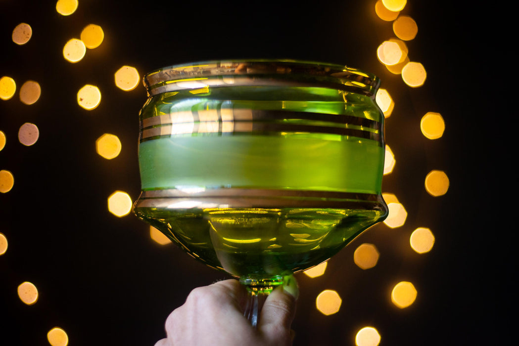 Mid-Century Green Crystal Compote Bowl: Gold Trim Vase, 1970s Decor
