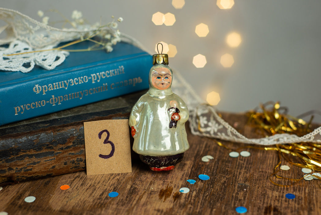 Vintage Girl Glass Ornament, 1960s Soviet Christmas