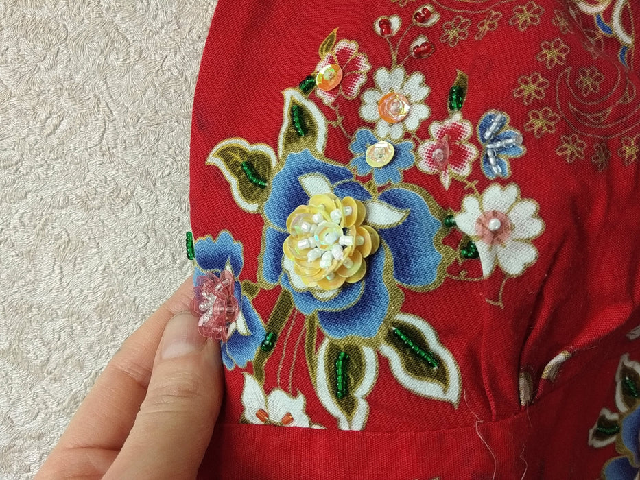 Vintage Floral Sundress - Adjustable Strap Sundress With Embroidered Cotton Details