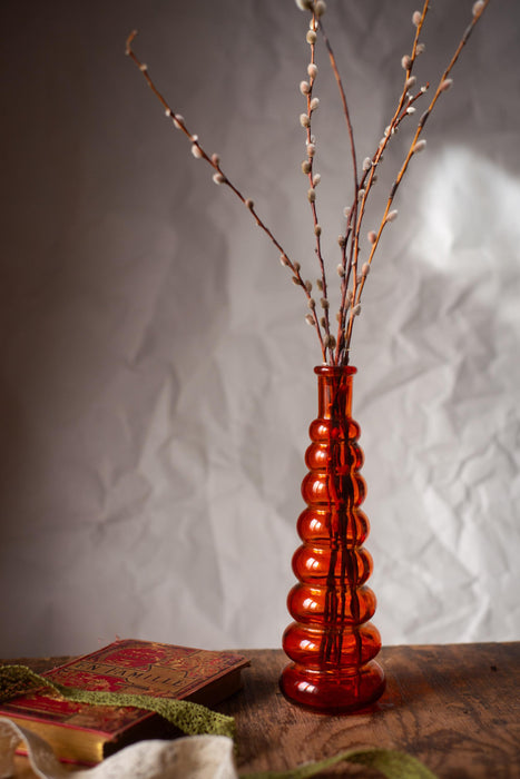 Red Glass Bubble Vase Mid Century 1970s Tall Single Stem Decor