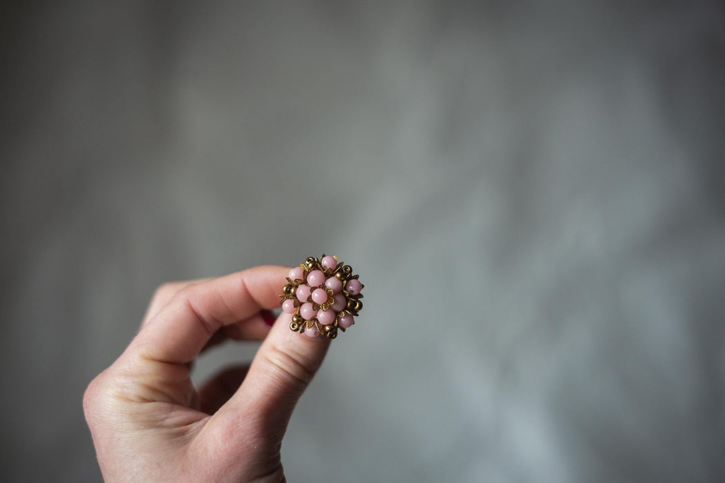 Vintage Pink Floral Brooch, 1970s Brass Tone Pin with Glass Beads