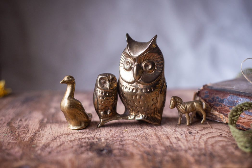 Vintage Brass Animal Figurines, European Owl Goose Horse Figurine