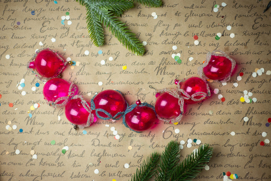 Vintage Pink Beaded Glass Ornaments – Set of 8