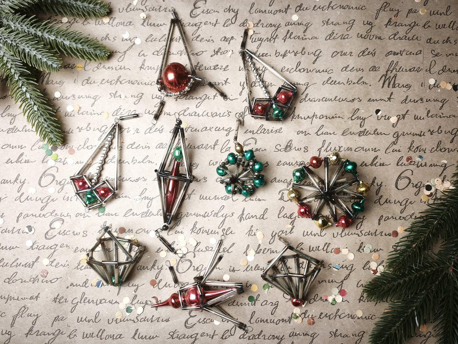 Vintage Glass Christmas Ornaments, Beaded 1950's Geometric 7-12cm