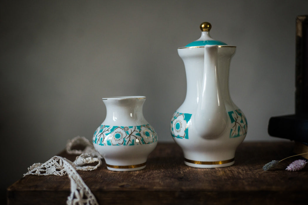 Vintage Porcelain Teapot and Creamer Set, Turquoise Floral USSR Tableware