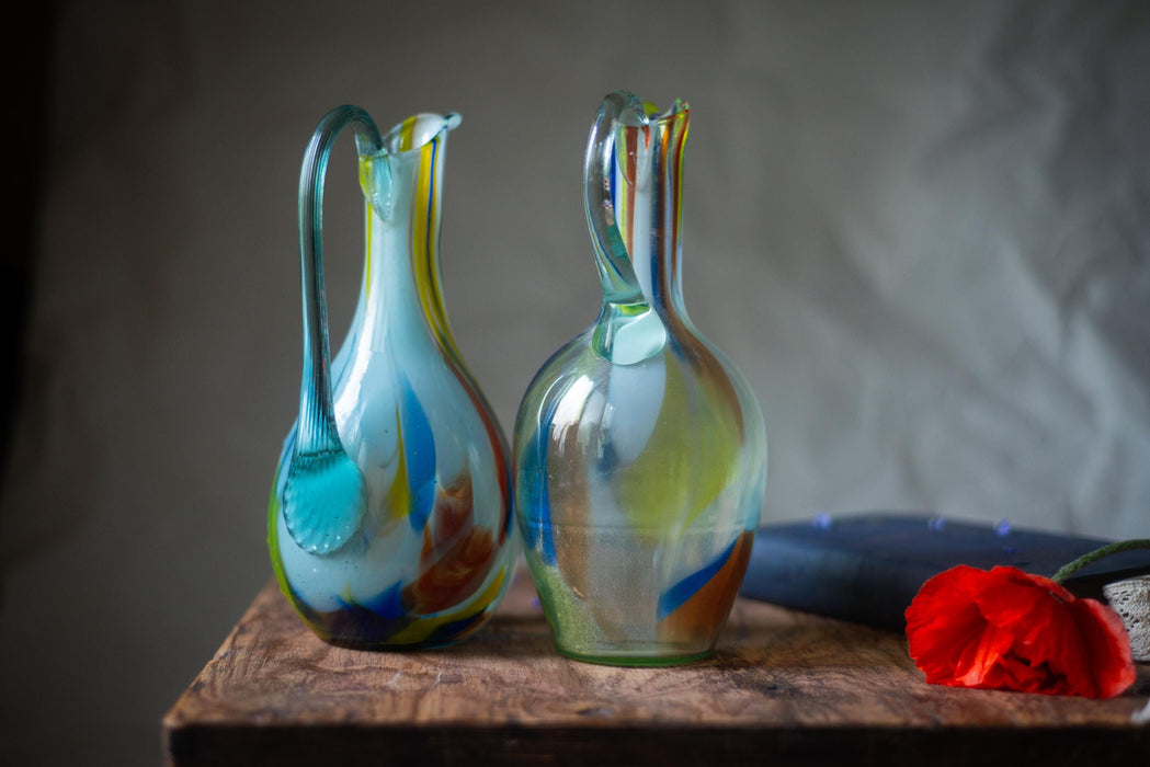 Green Murano Style Glass Pitcher – Vintage Art Jug, MCM Breakfast Table Serving Carafe, Water or Wine Jug