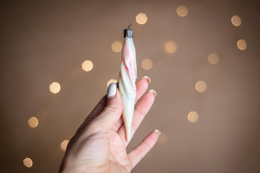 Vintage Pink and White Glass Christmas Ornaments, Set of 5 Bohemian Icicle Baubles