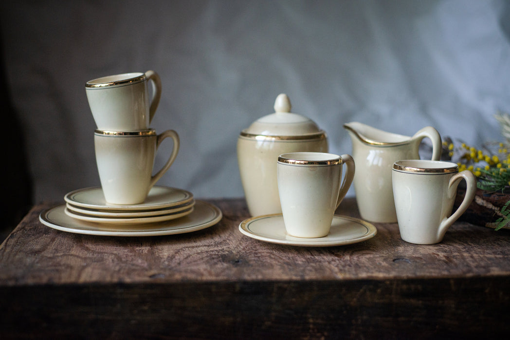Vintage Porcelain tea set, milk jug, sugar bowl, beige gold breakfast serving set