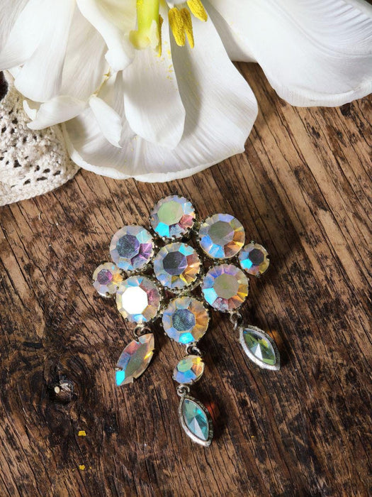 Vintage Rhinestone Brooch, Iridescent Crystal Pin Art Deco Style Statement