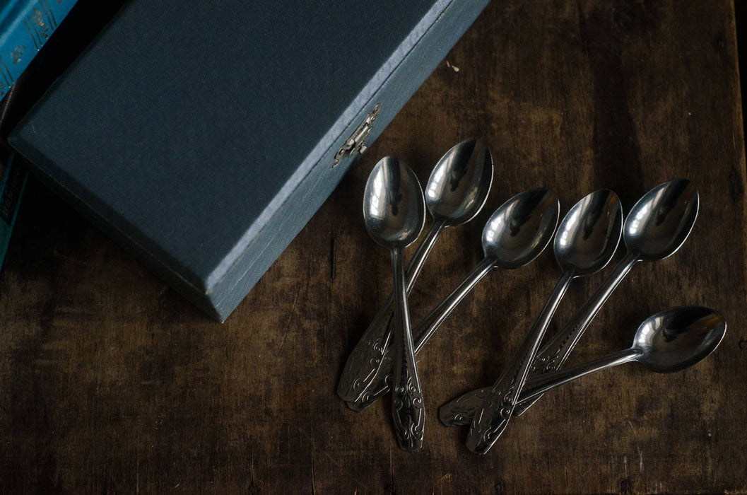 vintage tea spoon set, Silver Tone Dessert Spoons in Original Box
