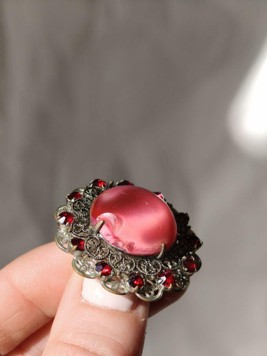 Vintage Pink Glass Brooch 1970s, Filigree Rhinestone Statement Pin