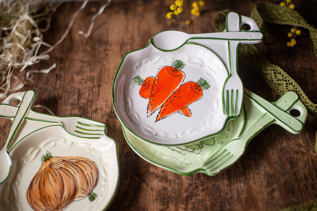 Small vintage ceramic appetizers plates, carrot, onion, cucumber pattern, Rustic tableware
