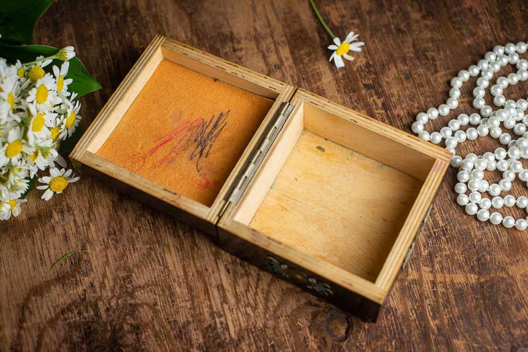 Vintage Wooden Trinket Box with Floral Enamel and Brass Inlay Jewelry Storage