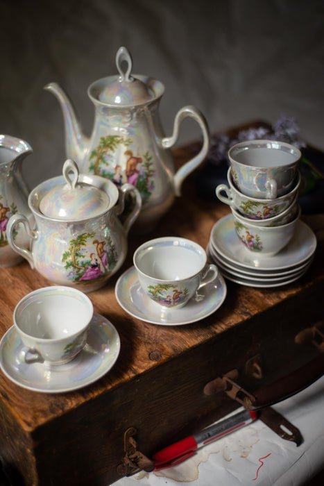 Vintage Madonna Tea Set Lusterware 15 Pieces, German, Art Deco Porcelain Tea Set, Romantic Scene