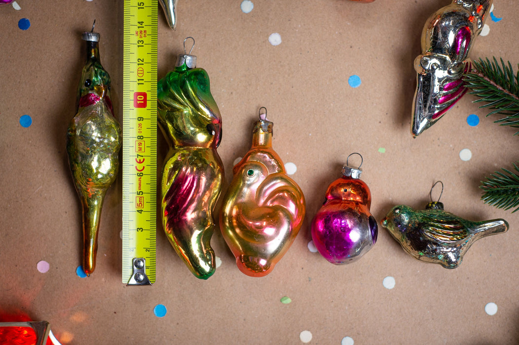 Vintage Glass Bird Ornaments, Retro Parrot & Chicken Xmas