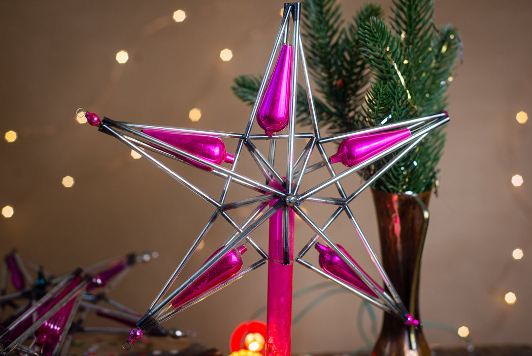 Vintage Christmas tree topper, Silver pink glass bugle star, Beaded Xmas tree ornaments