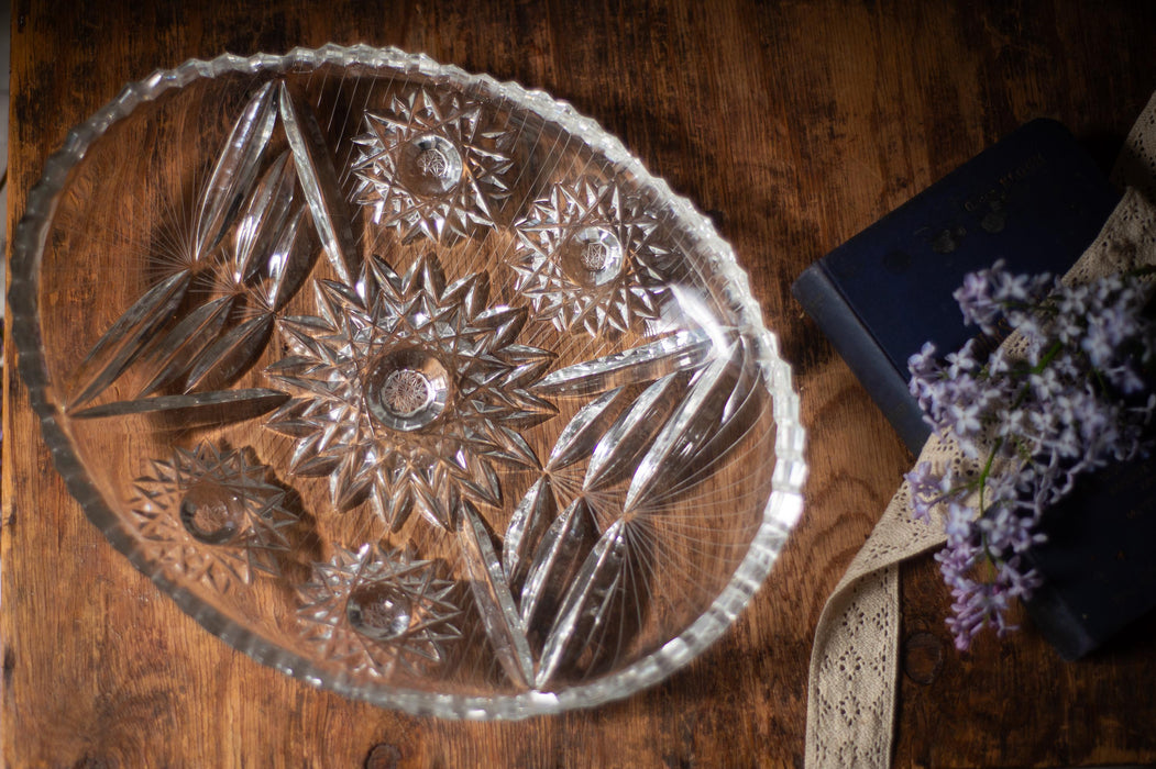 Vintage Crystal Serving Plate - Oval Crystal Platter | Cut Glass Tray Snack Serving Platter