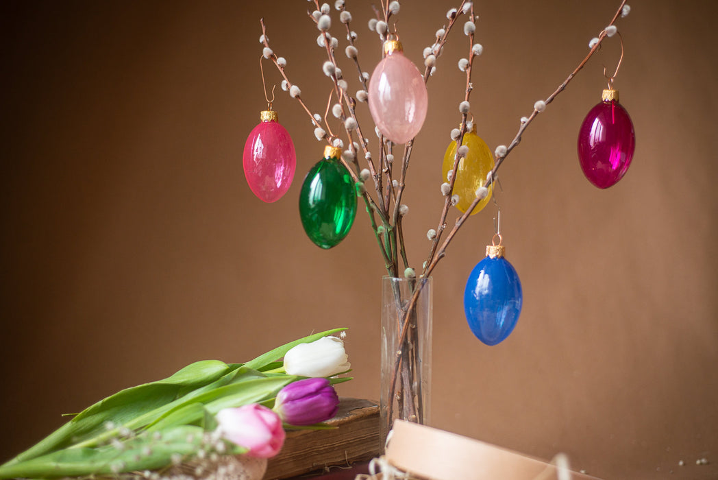 Glass Easter Eggs - Hand-Blown Colorful Hanging Ornaments in Wooden Box Storage