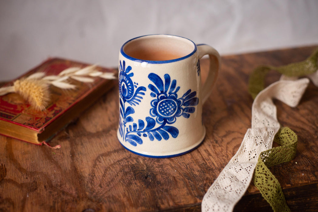 Vintage Bavarian Beer Mug Hand Painted Ceramic Stein Blue Floral Germany