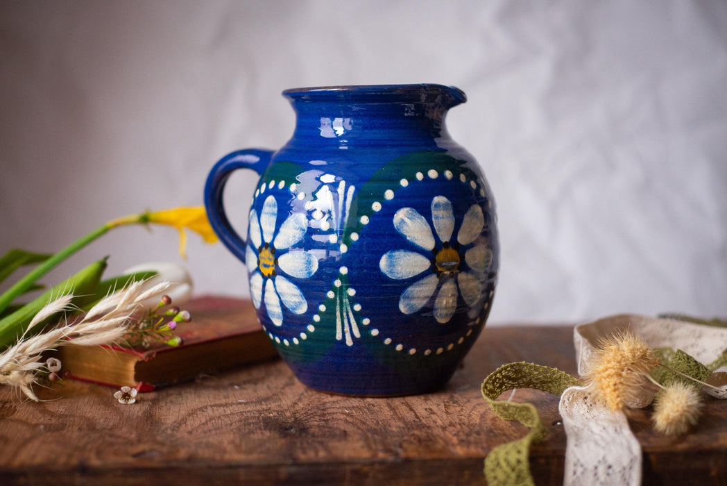 Blue Ceramic Pitcher with Daisies – Rustic German Farmhouse Jug