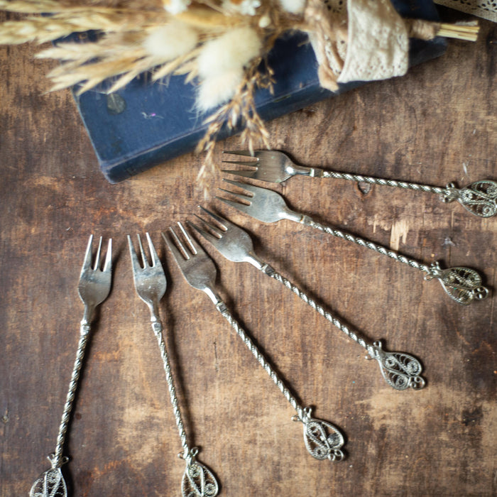 Vintage 1950s German Dessert Fork Set, Silver Tone Filigree Snack Cutlery