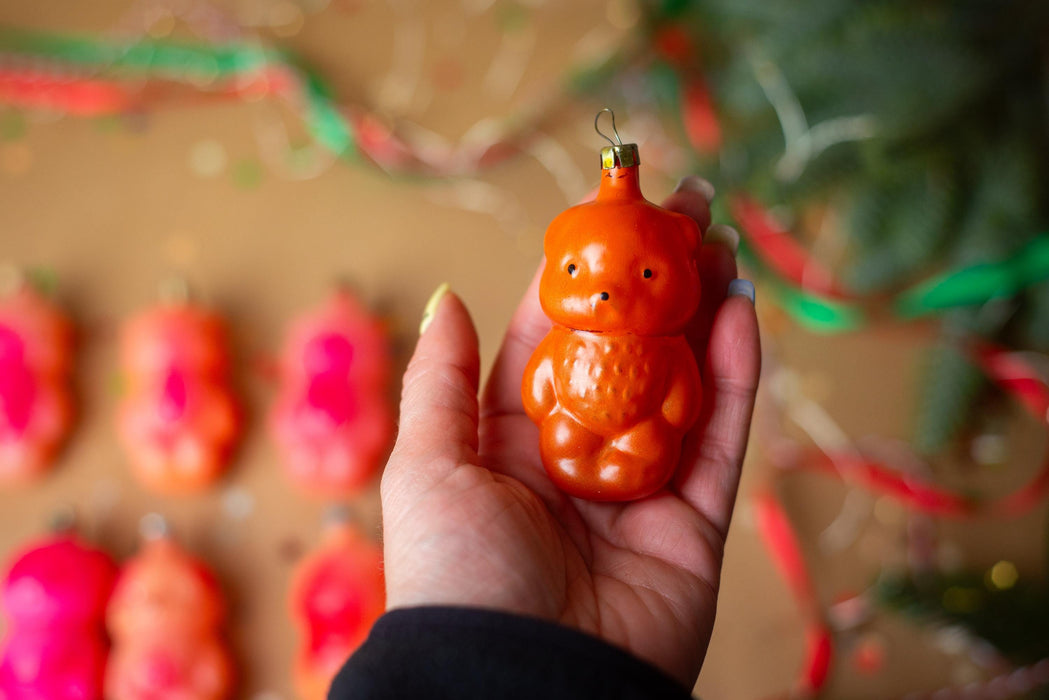 Vintage Pink & Orange Glass Bear Christmas Ornament