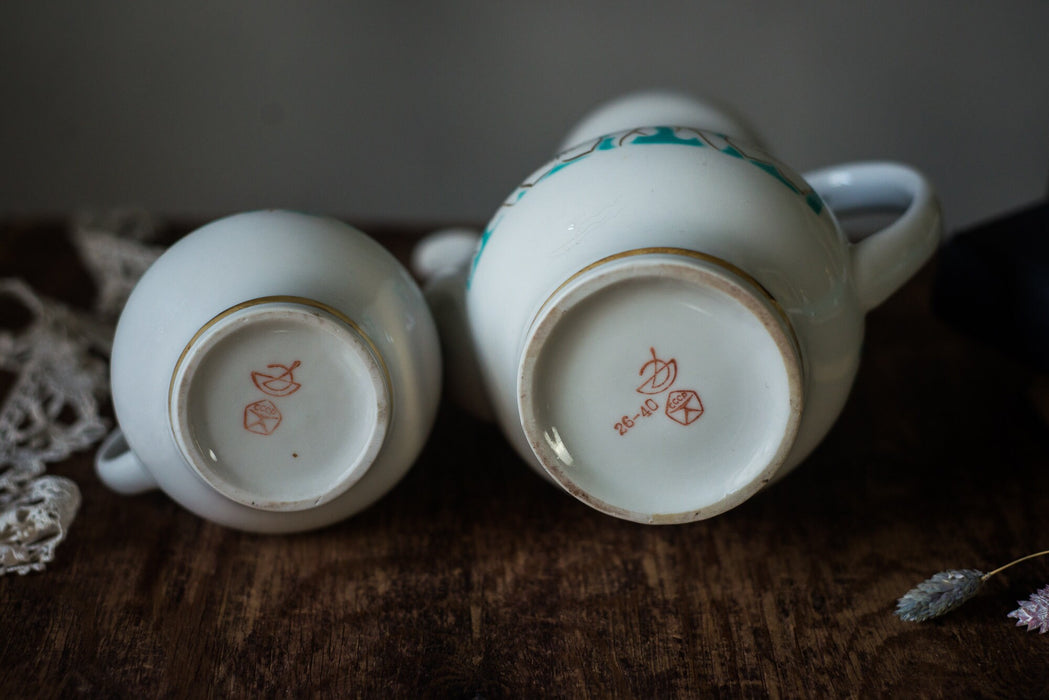 Vintage Porcelain Teapot and Creamer Set, Turquoise Floral USSR Tableware