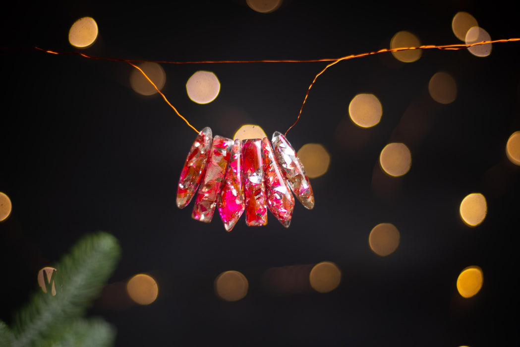 Boho Mosaic Christmas Ornaments, Iridescent Red Glass